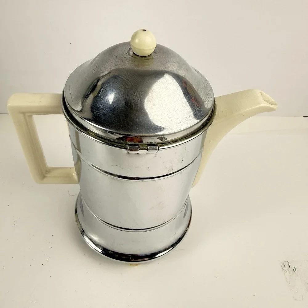 Vintage Ever-Hot Teapot Set Insulated Chrome Cozy Ceramic Pitcher Infuser Retro